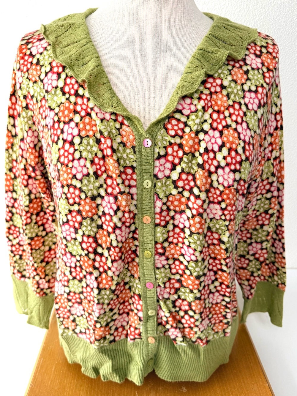 Sigrid Olsen Silk Blend Floral Cardigan Oversized Ruffle Collar Large